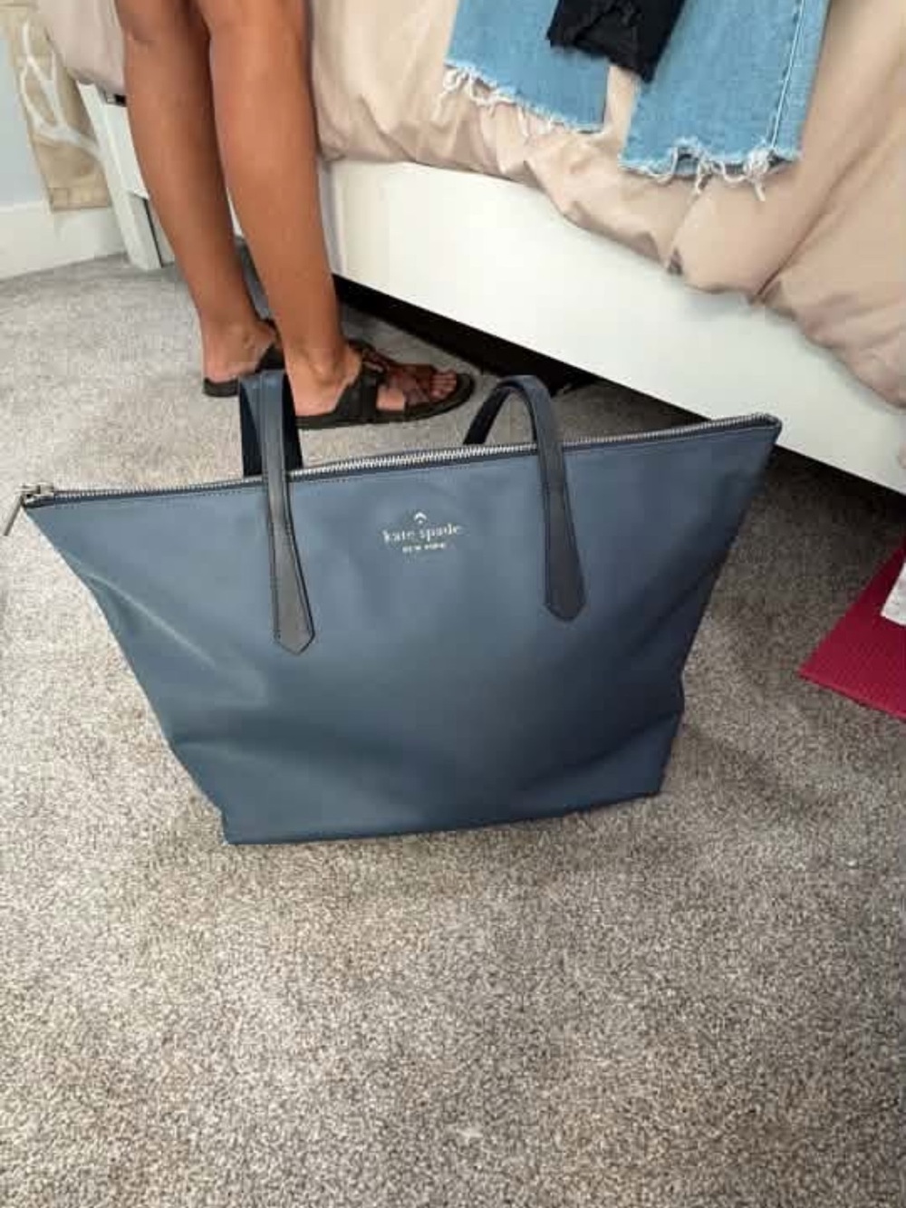 kate spade navy blue leather tote with top zip